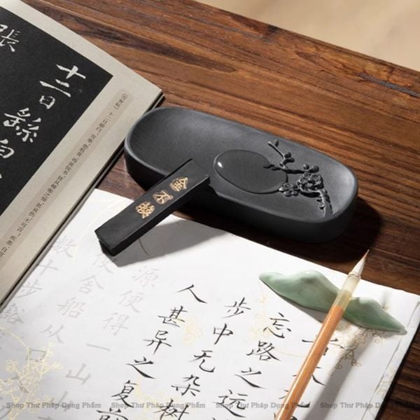 Nghiên đá hoa mai đựng mực mài mực tàu