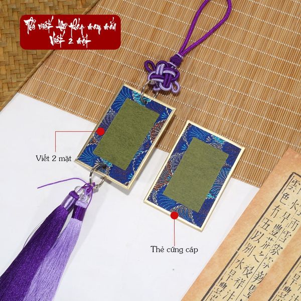 Thẻ may mắn viết thư pháp dây tua rua treo trang trí