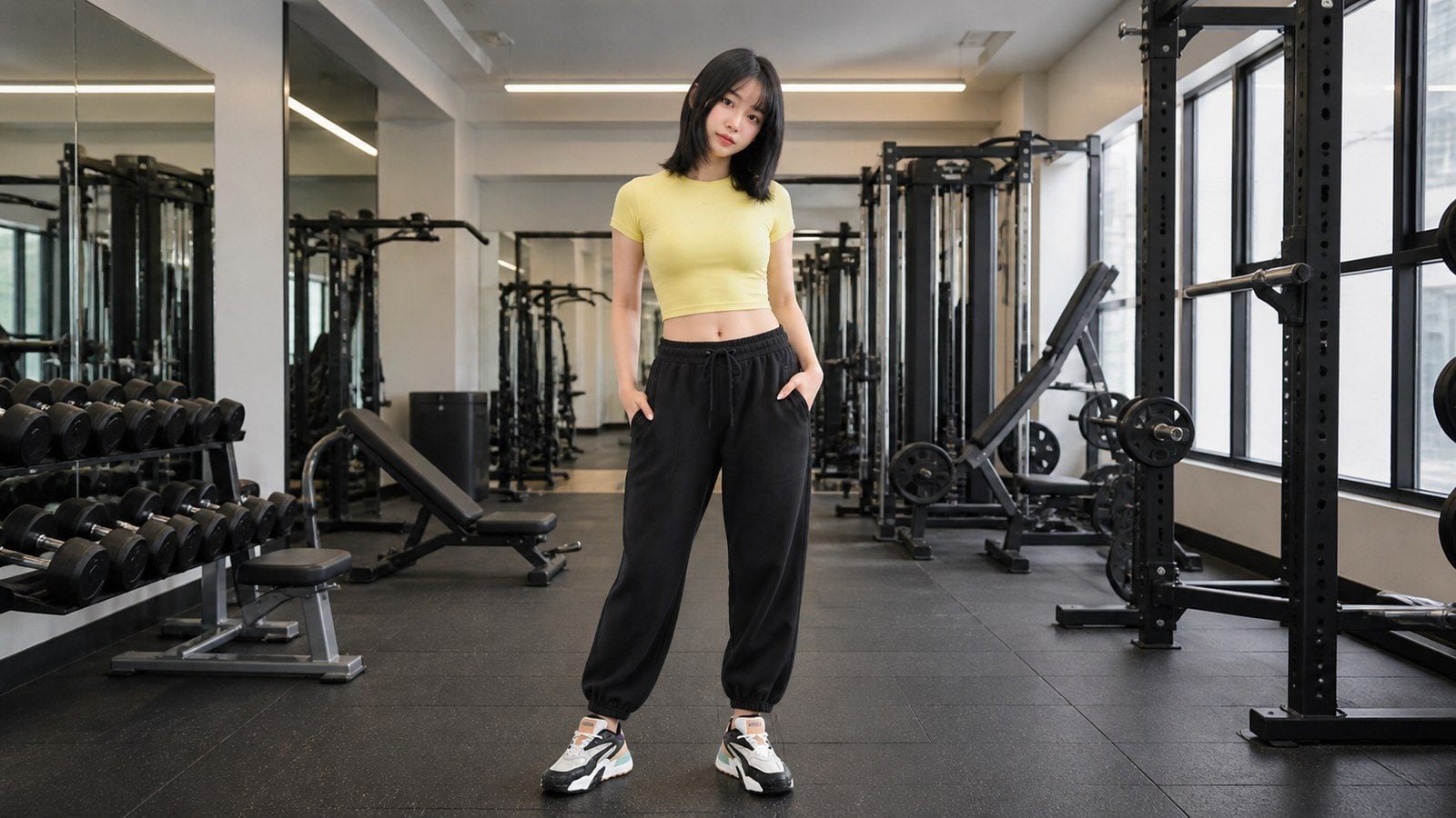 Áo crop thể thao và quần jogger cho outfit gym