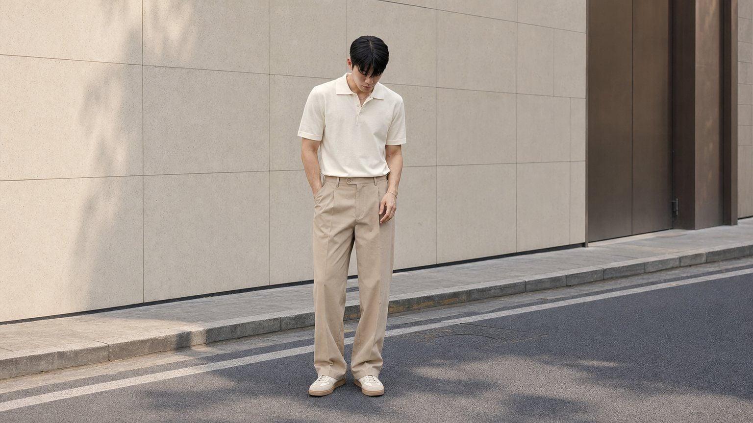 Polo trắng ngà phối quần kaki be cho nam 2001 đi học, đi làm hoặc gặp gỡ cuối tuần