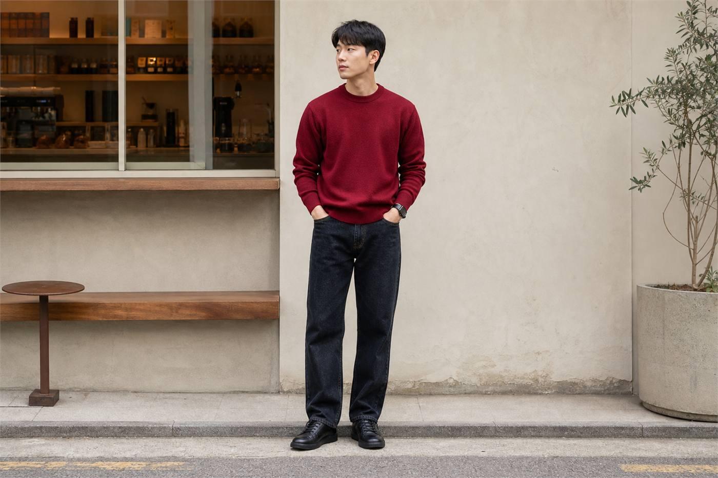 Nam cao 1m7 phối sweater với quần jeans tối màu
