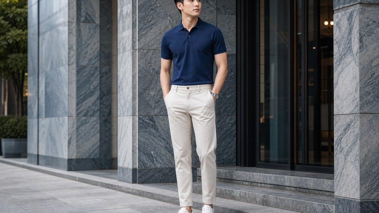 Polo navy phối quần kaki sáng cho nam 2004 đi học, đi làm hoặc gặp gỡ cuối tuần