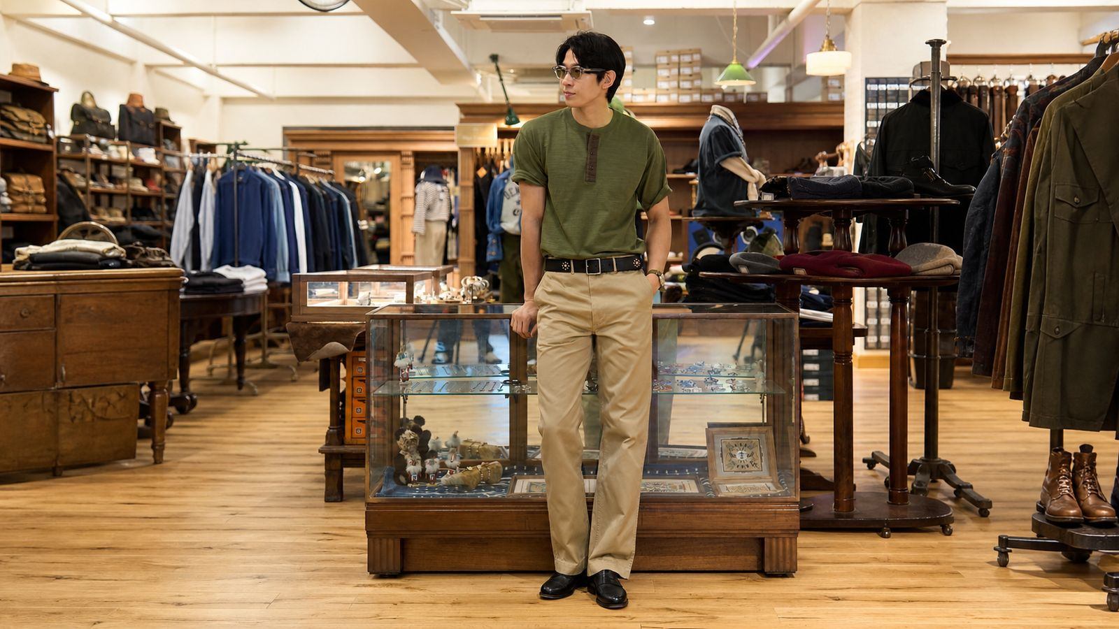 Quần chinos màu olive, nâu hoặc các màu trầm