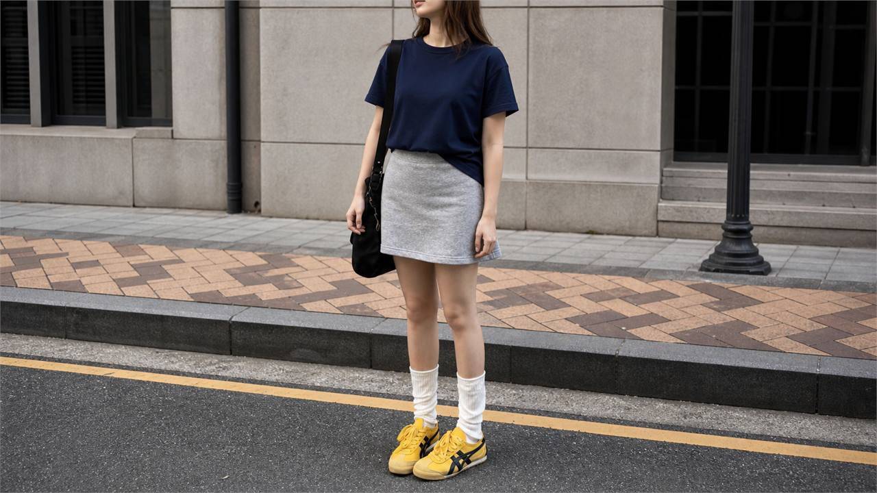 Áo thun ôm vừa, chân váy chữ A ngắn vừa và sneaker trắng