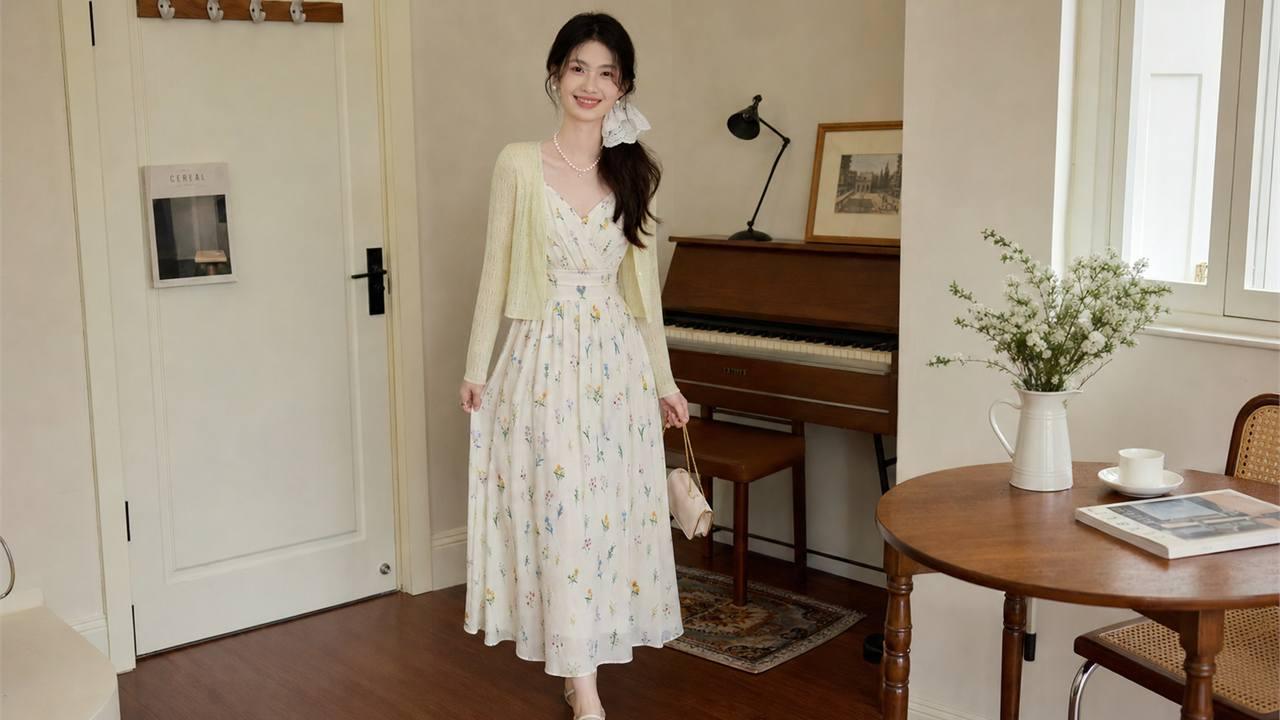Váy cổ V và cardigan mỏng cùng tông giúp dáng nhìn thoáng hơn