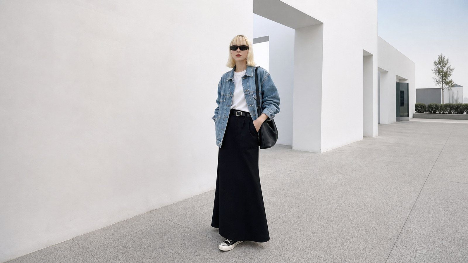 Chân váy dài đen phối với denim jacket hoặc sơ mi denim
