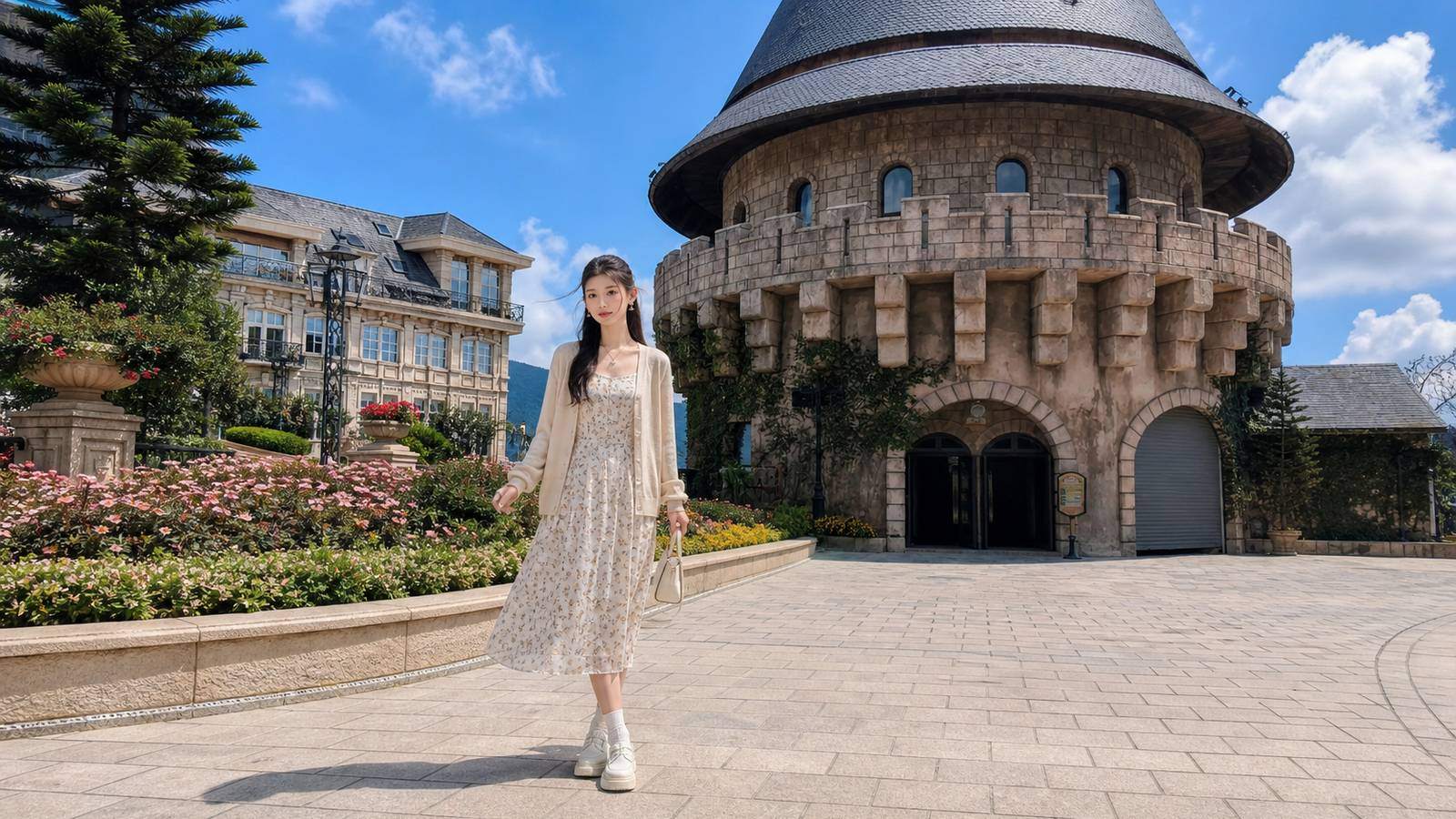 Đầm hoa nhí nền sáng kèm cardigan cho khung cảnh vườn hoa Bà Nà Hill