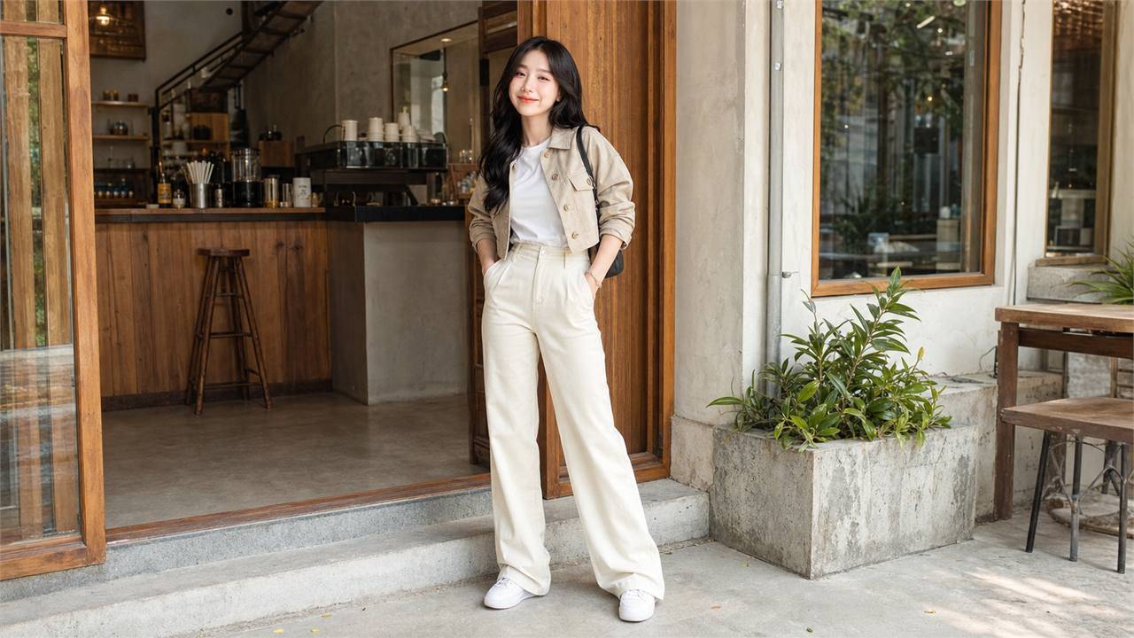 Cropped jacket, quần cạp cao và tee trơn cho outfit gọn hiện đại