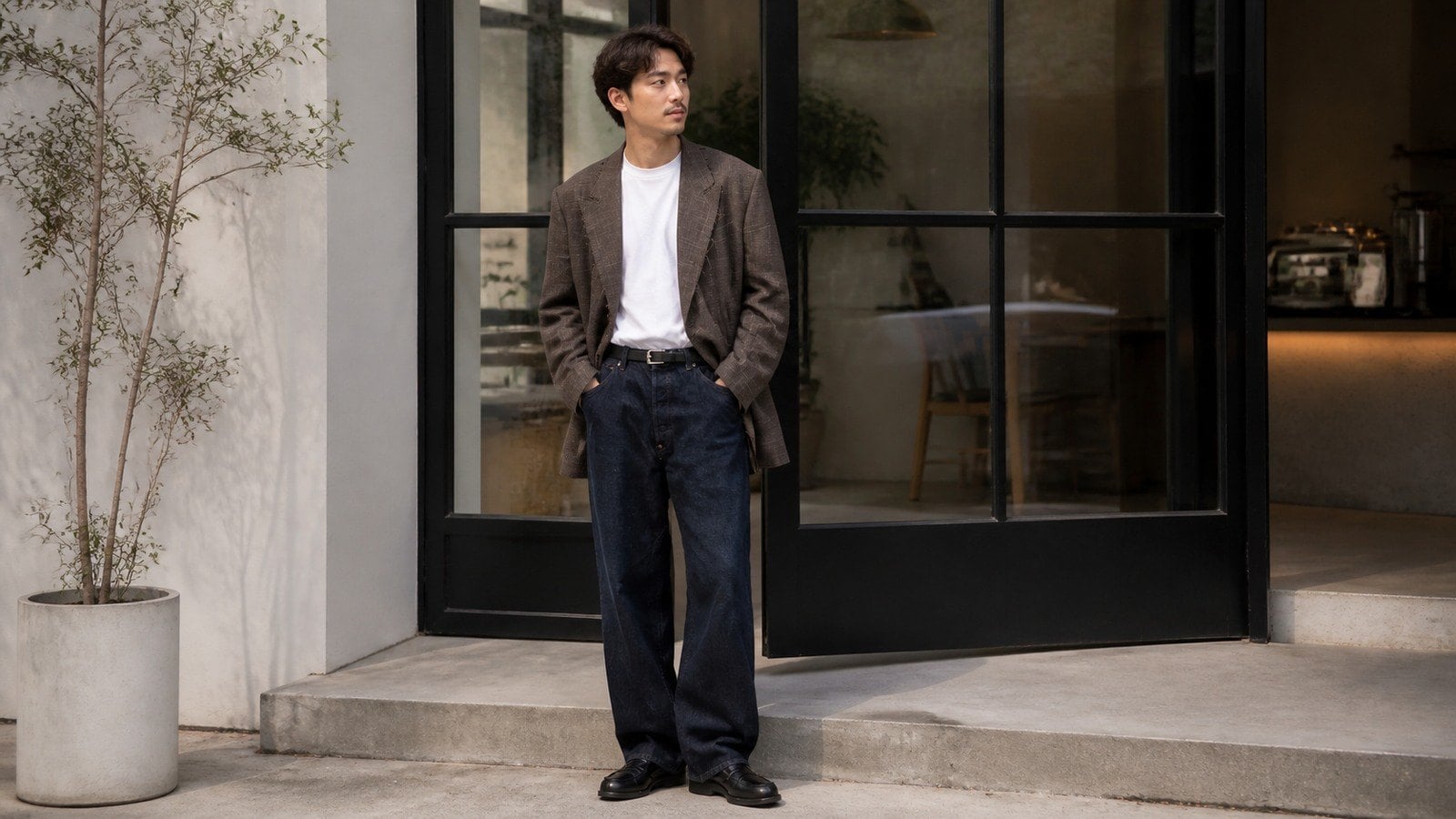 Quần jean ống suông nam phối blazer casual