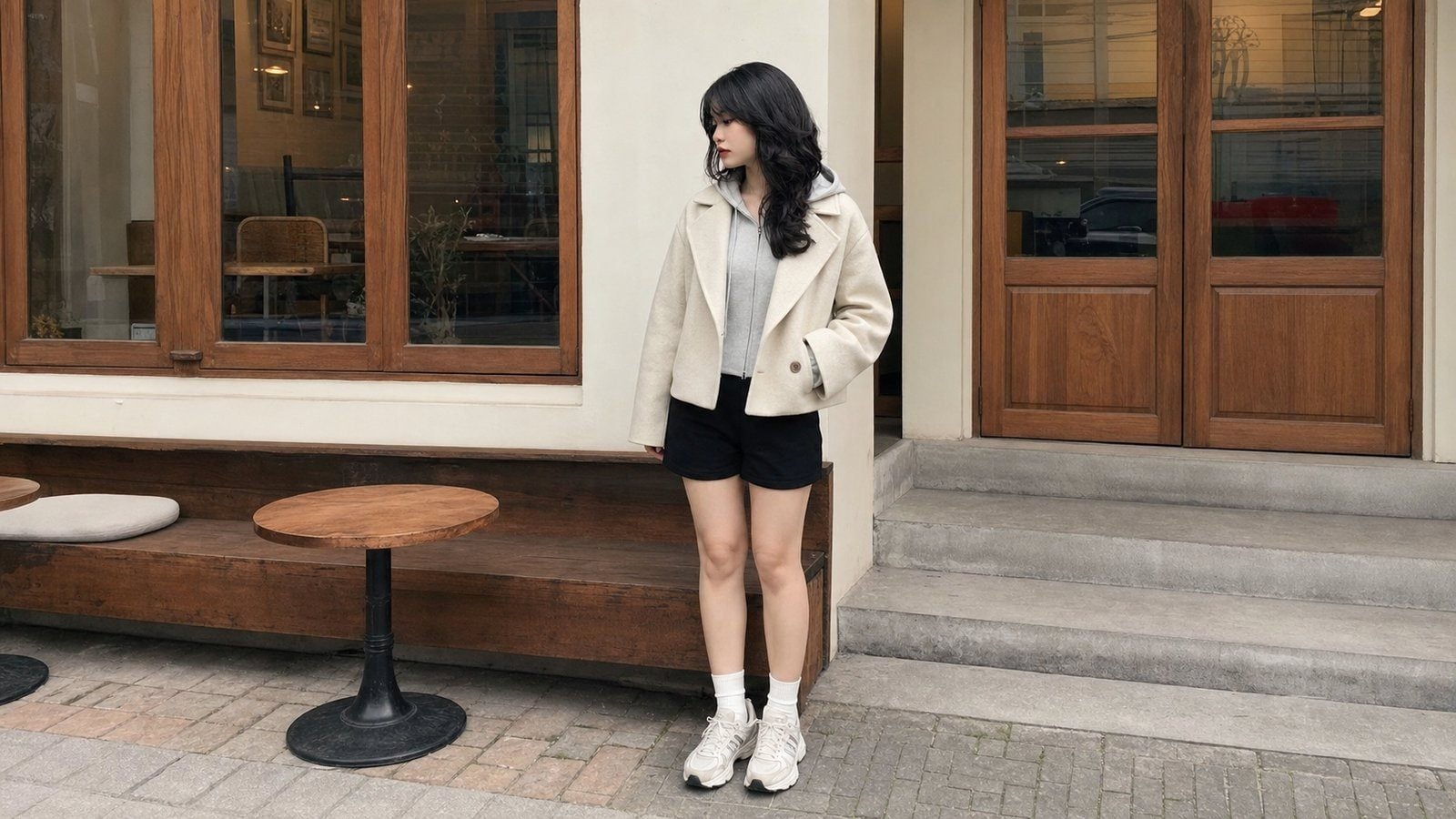 Áo khoác dạ ngắn với hoodie mỏng