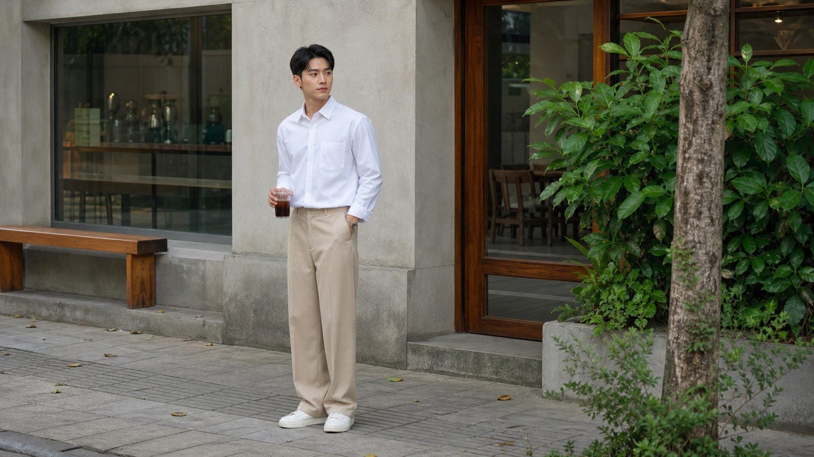 Áo sơ mi trắng nam với quần kaki be