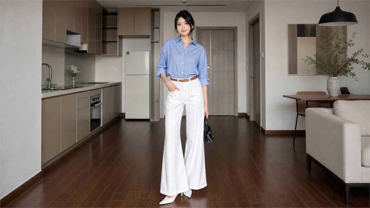 Quần ống suông và giày mũi nhọn thấp giúp dáng thanh hơn