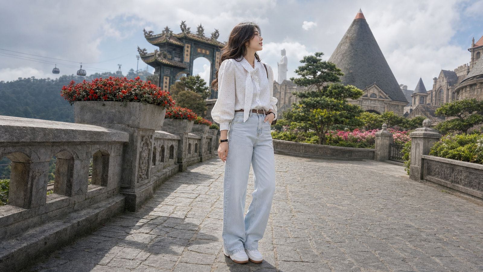 Sơ mi oversized phối jeans sáng màu cho outfit trẻ trung ở Bà Nà Hill