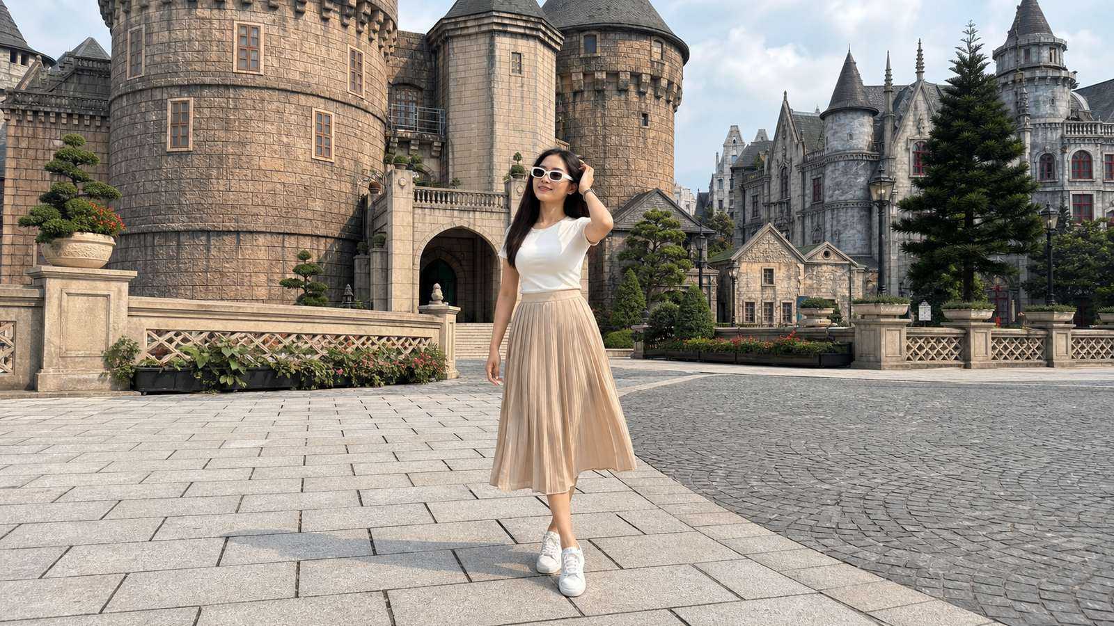 Áo thun trơn phối chân váy midi xếp ly nhẹ cho Bà Nà Hill