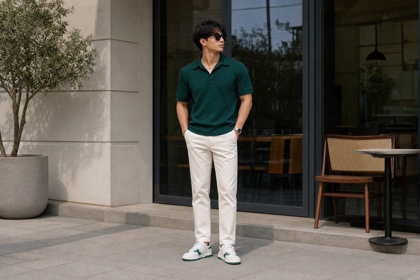 Nam cao 1m7 phối áo polo với quần dài phom gọn