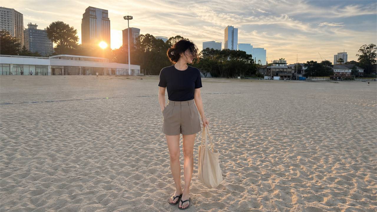 Áo trơn tối màu, quần short tailored và tote mềm cho ngày nóng