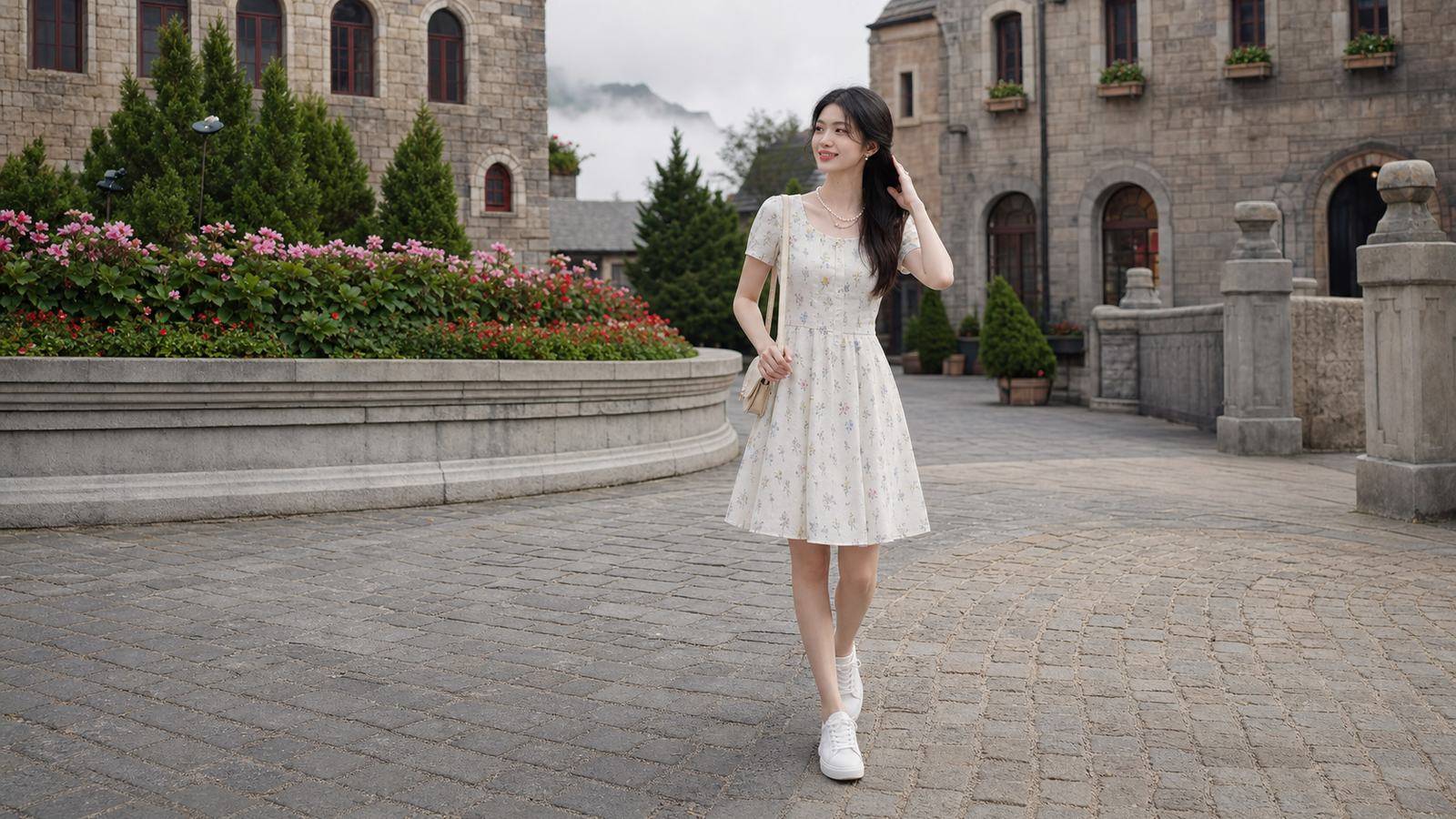 Đầm chữ A tay ngắn phối sneaker trắng cho ngày đi Bà Nà Hill
