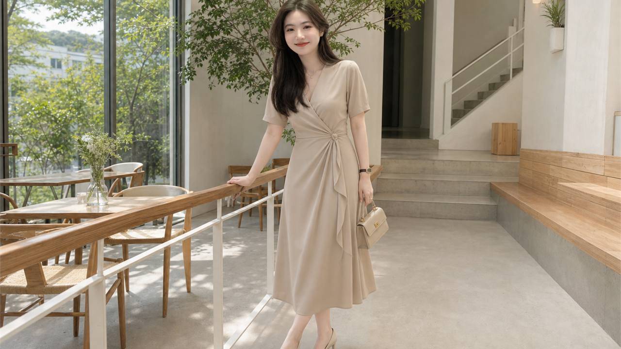 Wrap dress trơn và giày cao vừa 3 đến 5 cm giúp nâng dáng
