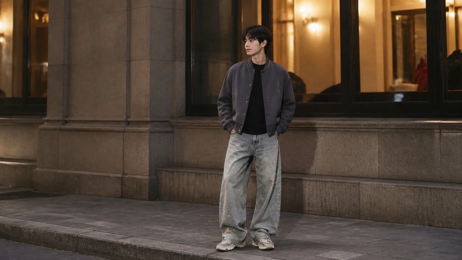 Quần jean ống suông nam phối bomber hoặc jacket ngắn