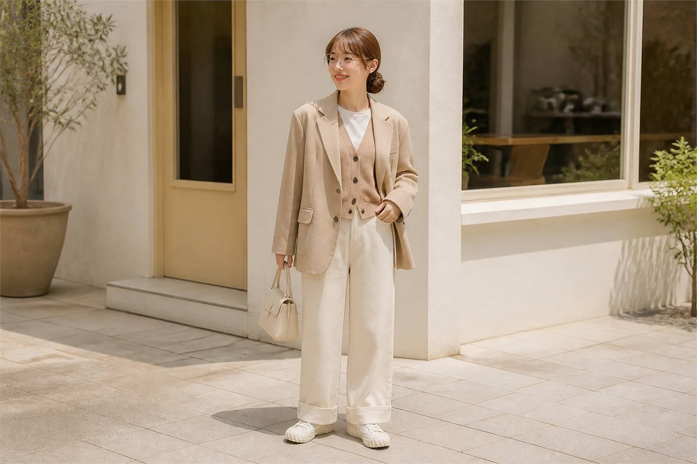 Áo cardigan hoặc knit top mỏng cho outfit công sở nữ