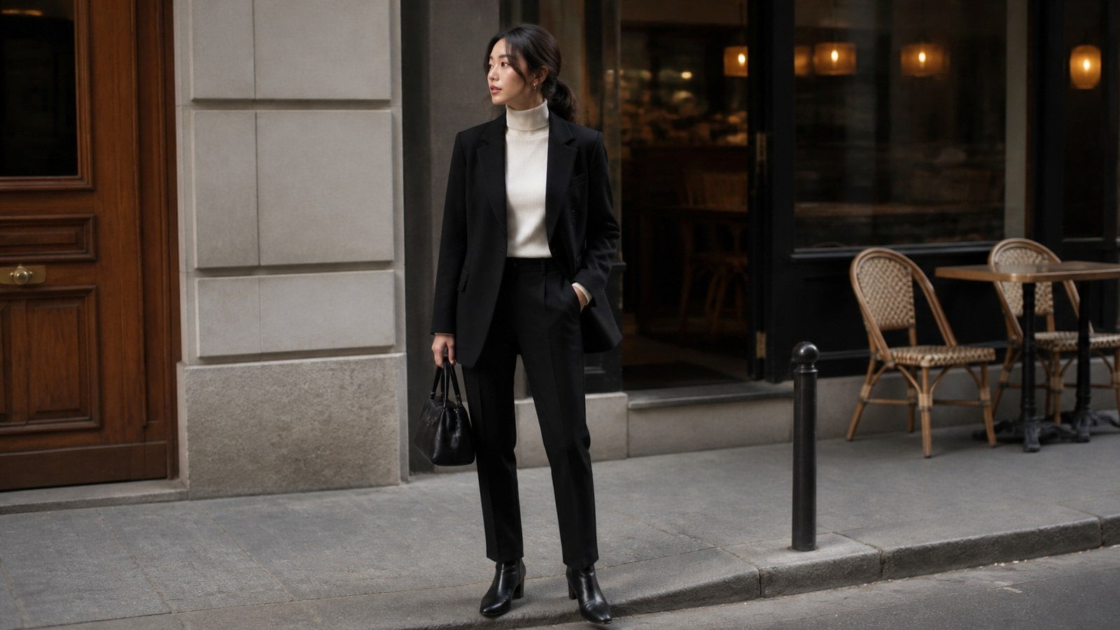 Vest đen nữ phối áo cổ lọ