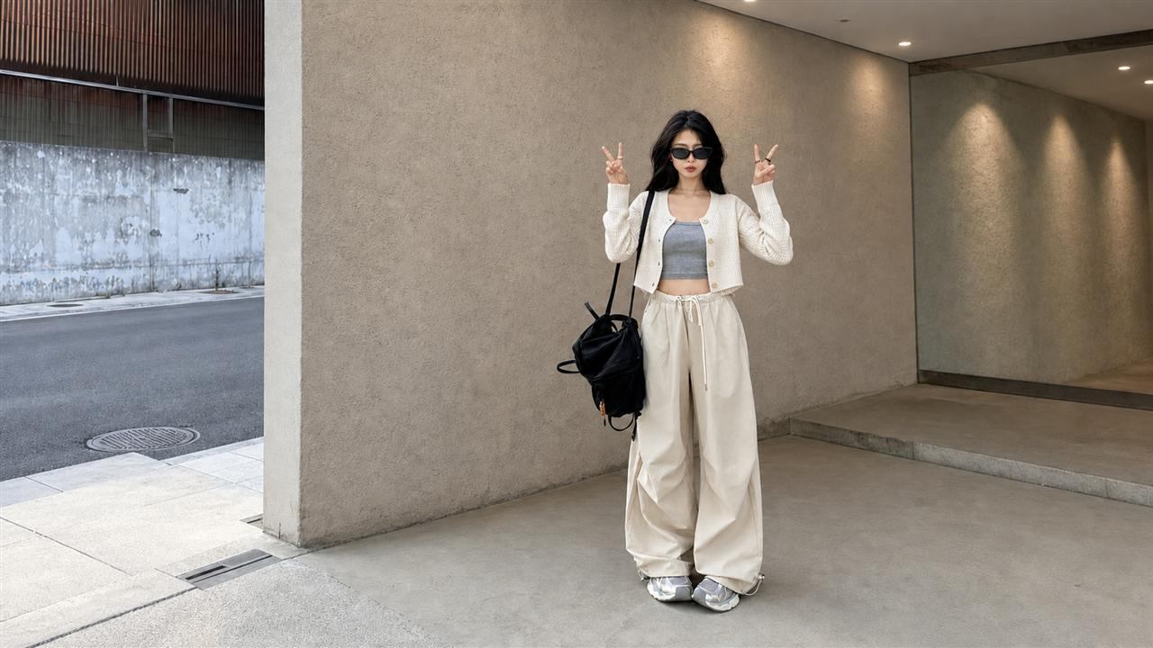 Quần ống rộng phối cardigan ngắn giúp giữ eo rõ và outfit mềm mại