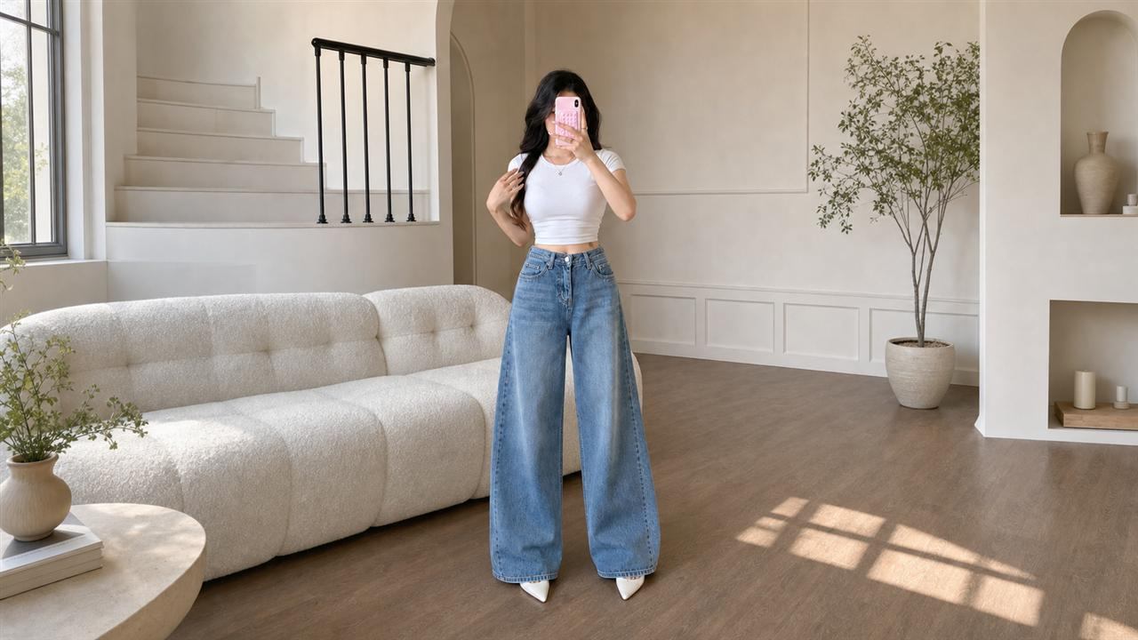 Quần jean ống rộng phối baby tee để tạo tỷ lệ trẻ trung, cân đối