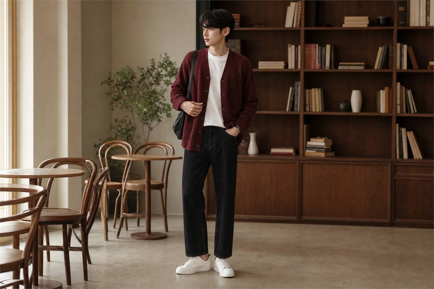 Nam cao 1m7 phối cardigan với áo thun trắng