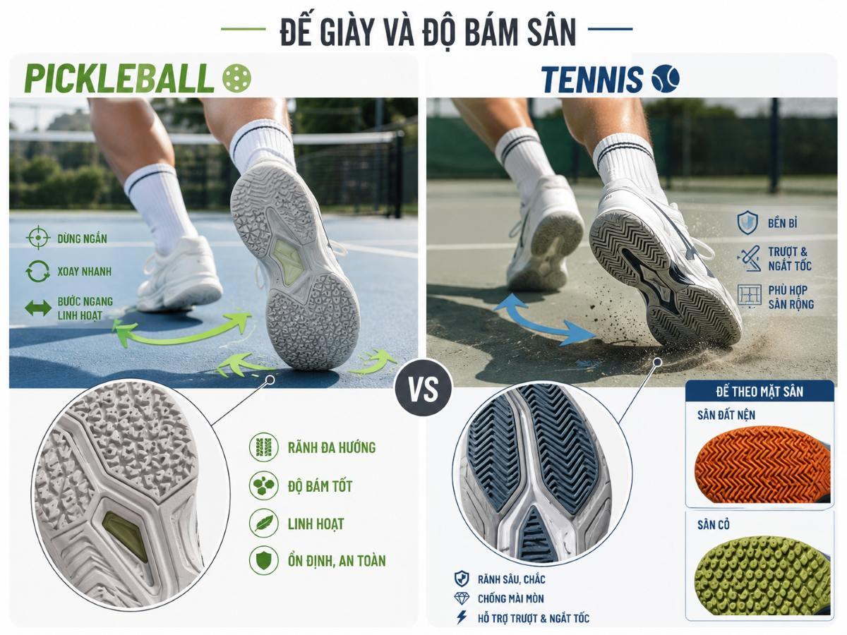 Đế giày pickleball và giày tennis có độ bám sân khác nhau