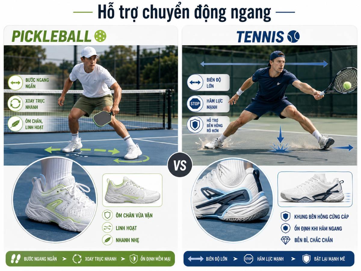 Giày pickleball cần hỗ trợ chuyển động ngang nhanh