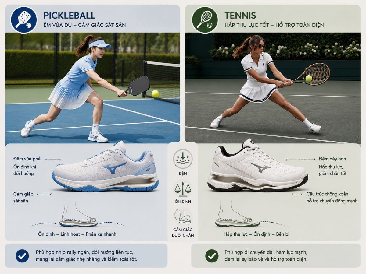 Đệm giày pickleball và giày tennis ảnh hưởng cảm giác sát sân