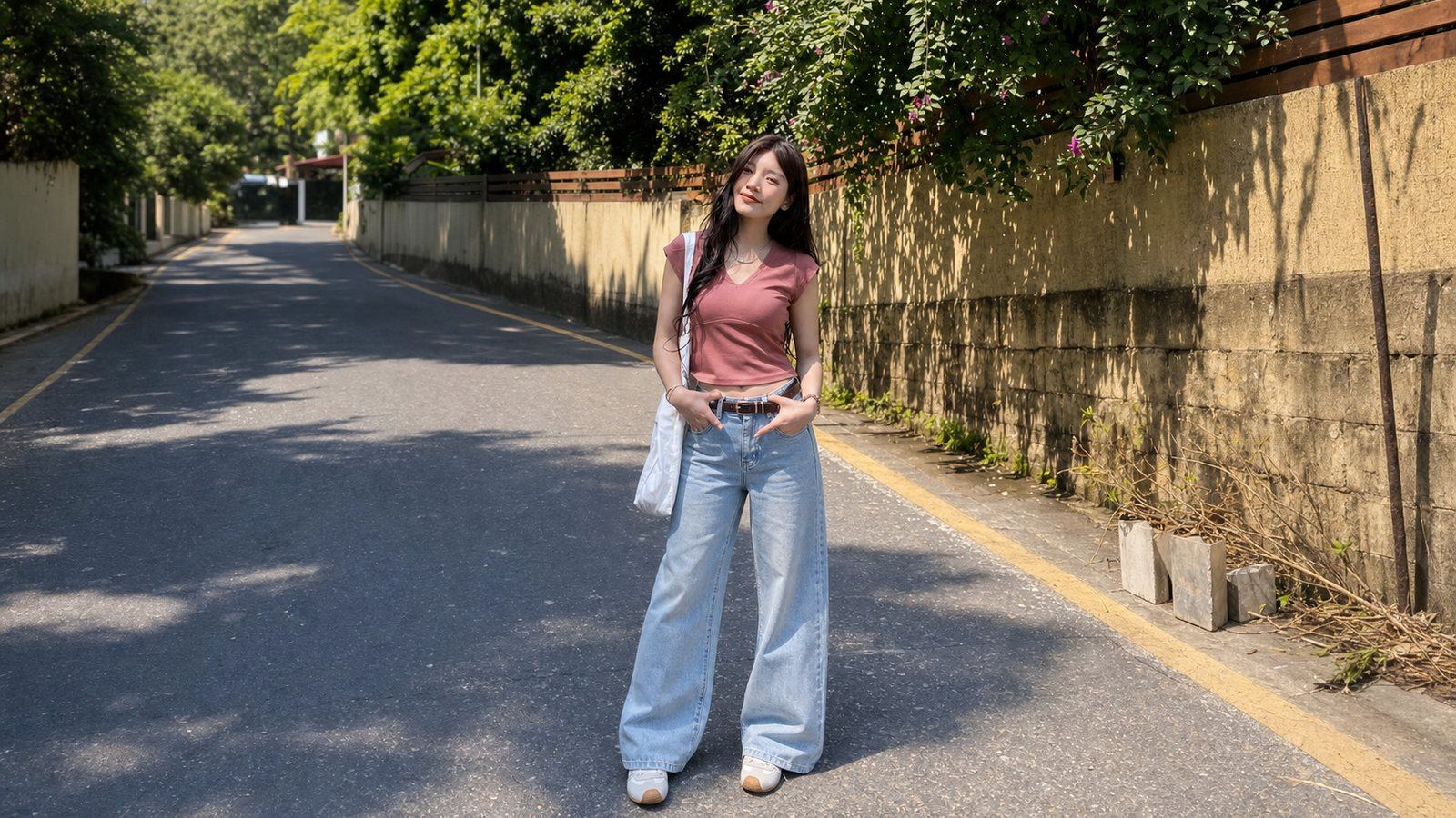Áo hồng đất hoặc đỏ gạch phối denim xanh nhạt để bảng màu bớt nặng