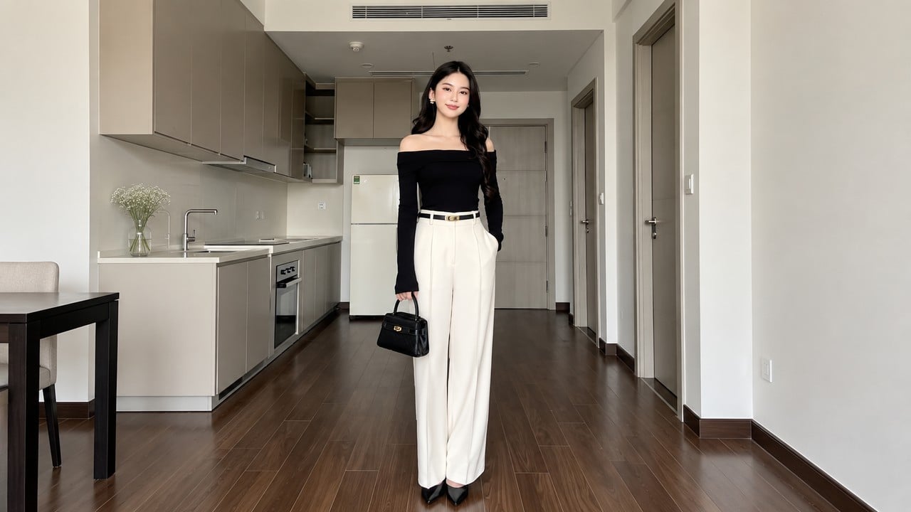 Phối áo ivory với quần đen tạo vẻ ngoài gọn gàng