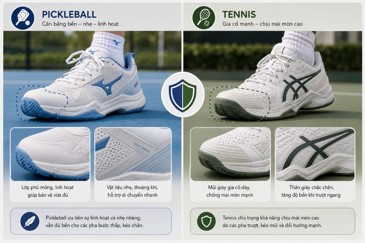 Mũi giày tennis và pickleball cần gia cố để tăng độ bền