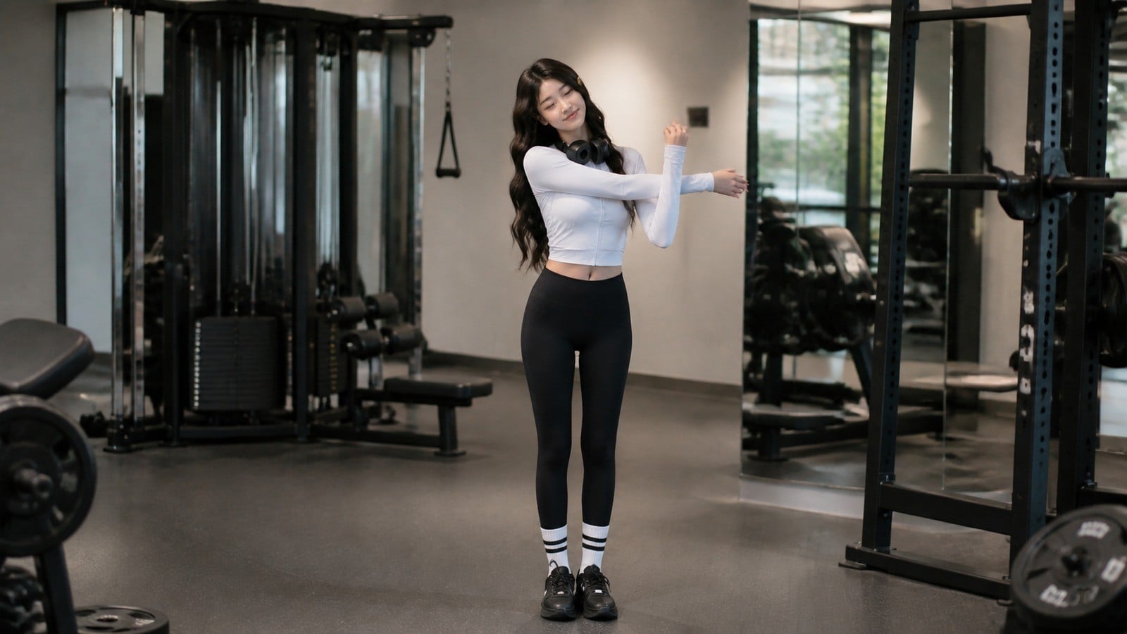 Áo dài tay thể thao mỏng và legging khi tập gym