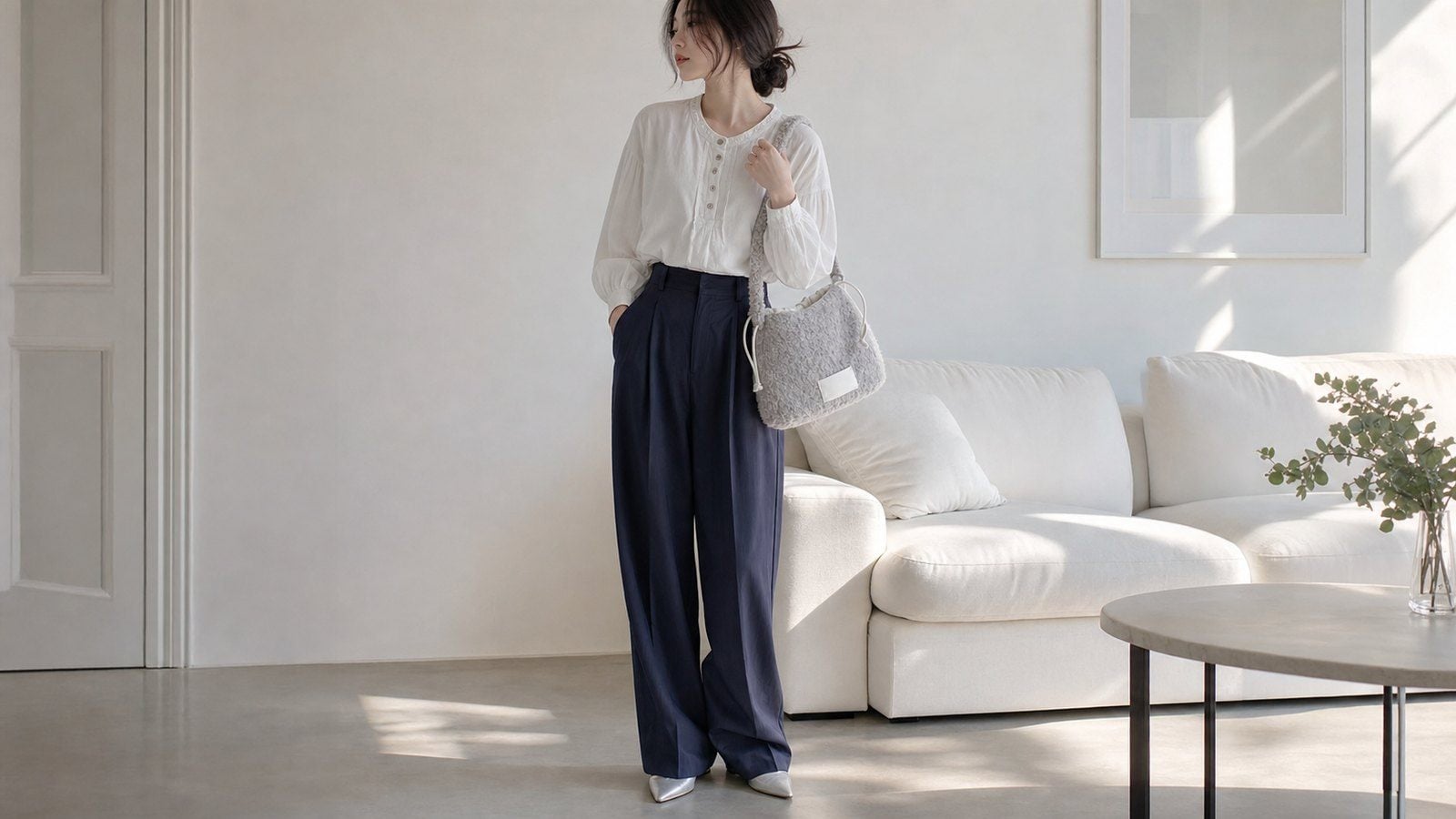 Áo xanh pastel lạnh phối denim sáng để bảng màu Thủy bớt nặng