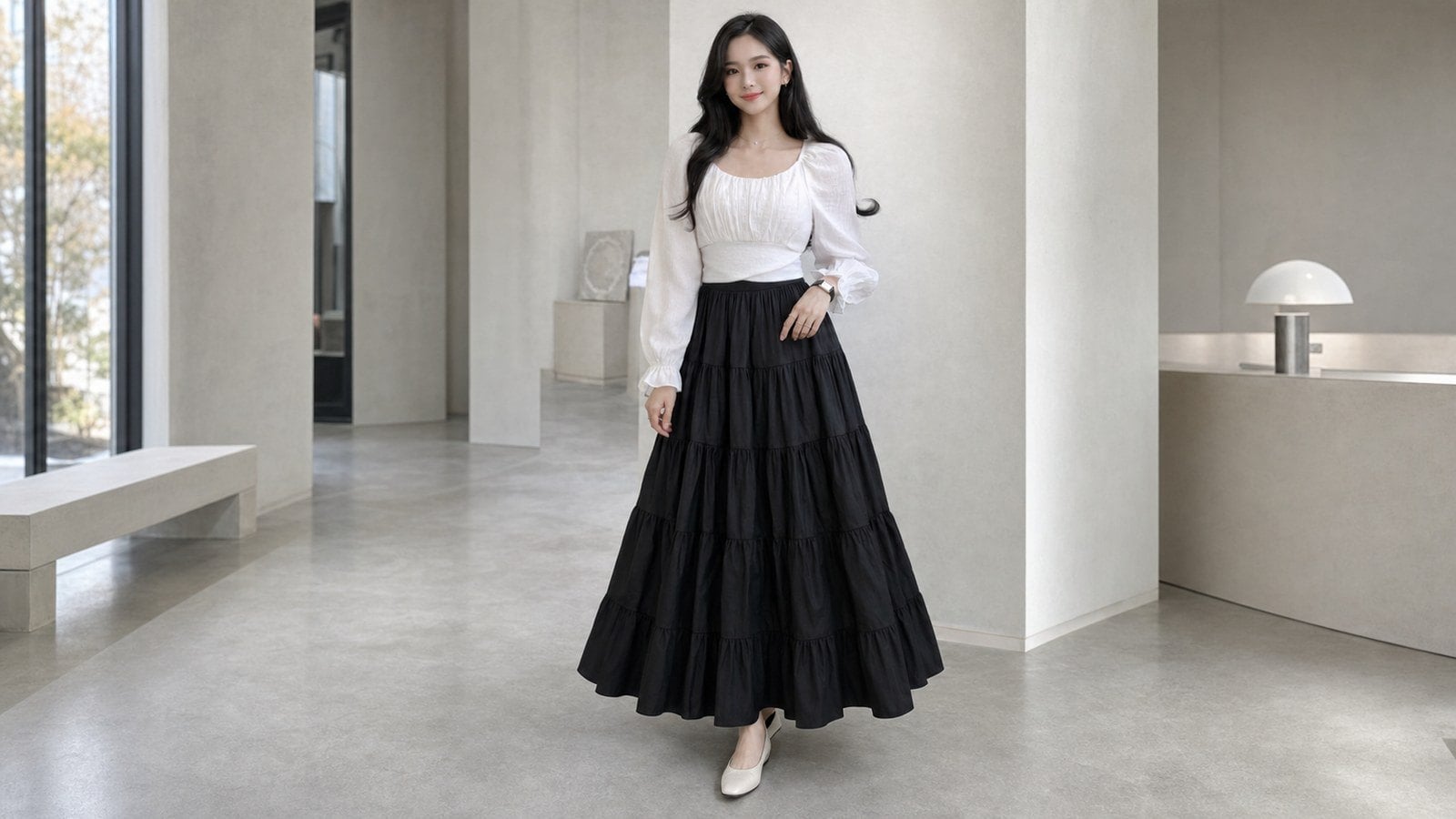Chân váy đen dài xòe hoặc xếp ly