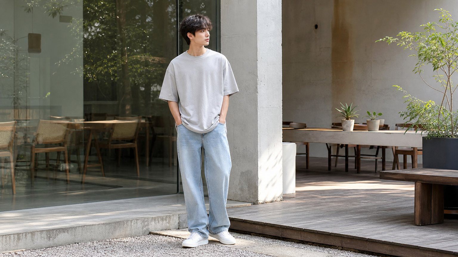 Áo thun xám phối denim xanh nhạt cho nam 2001 thích set đồ đơn giản
