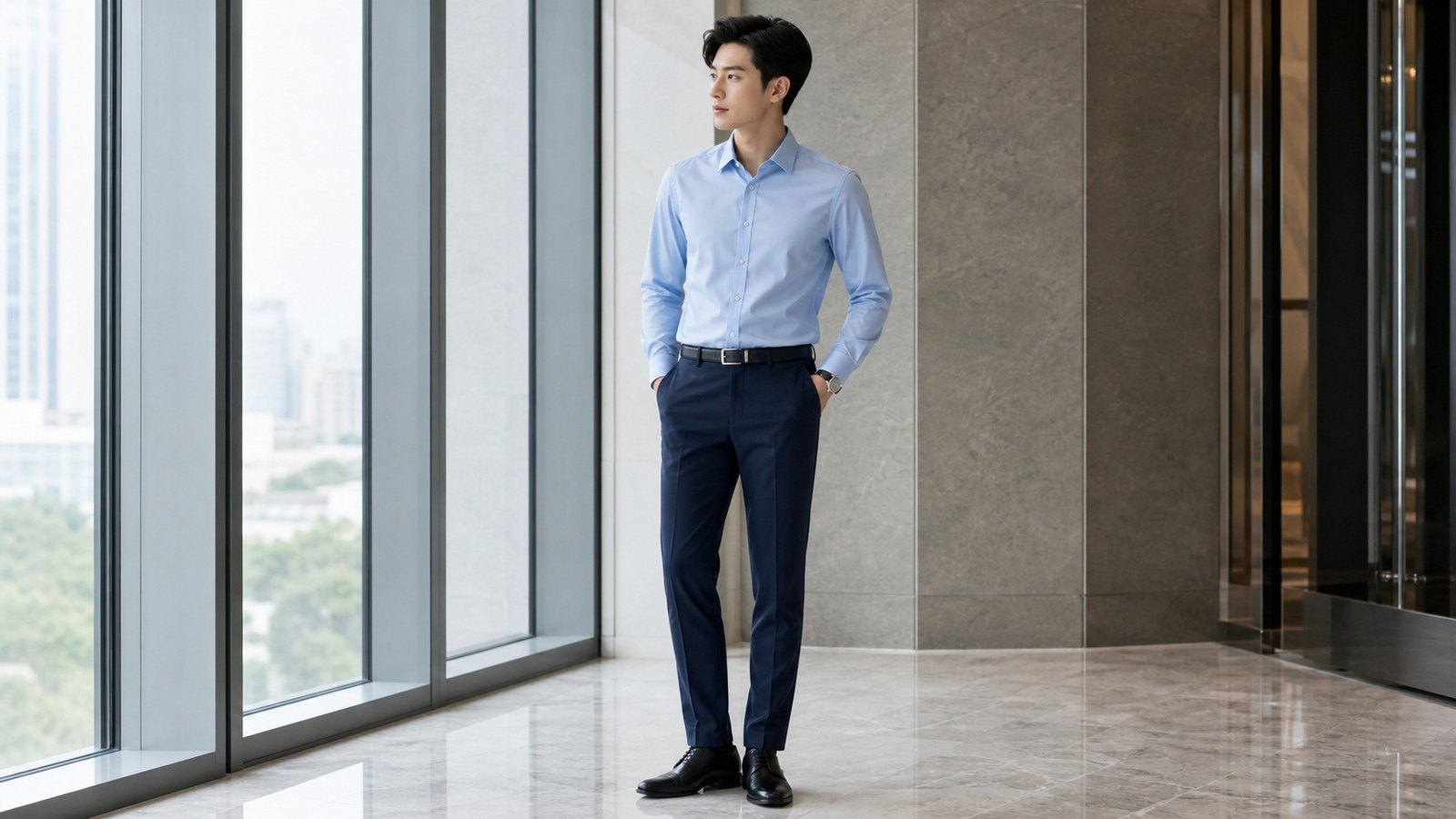 Áo sơ mi trắng phối quần navy cho công sở gọn và sạch