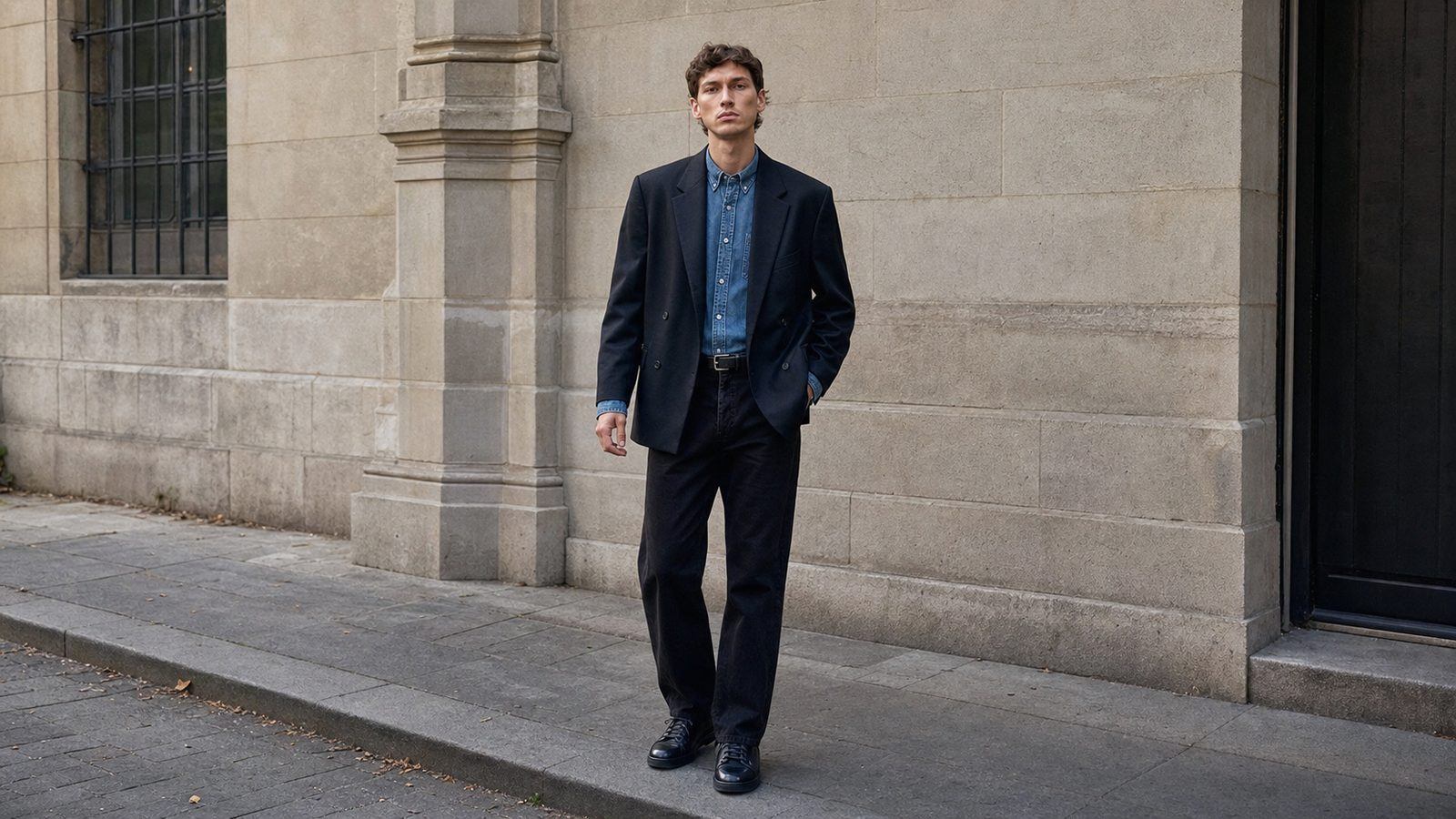 Áo blazer nam phối áo sơ mi denim