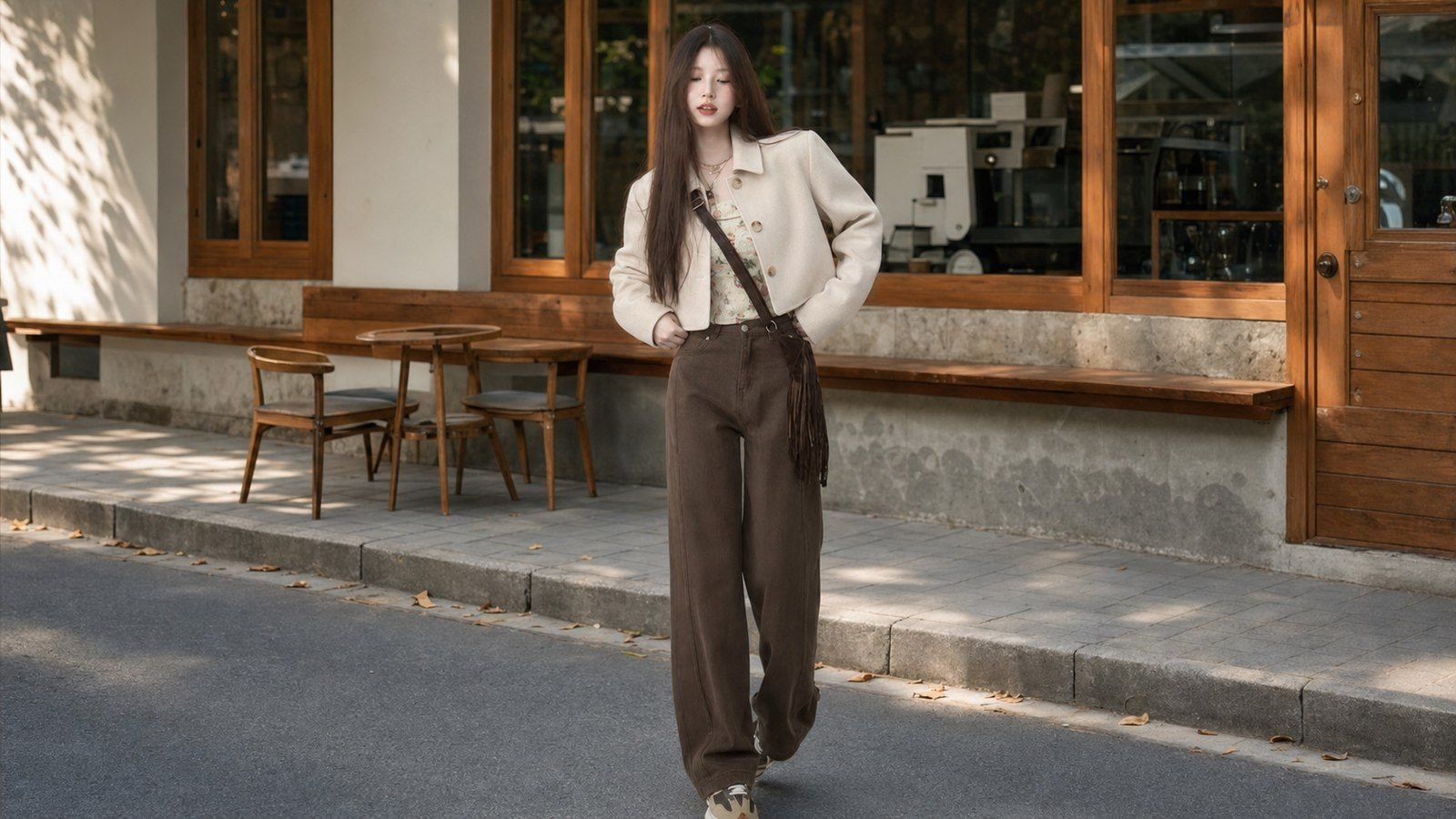 Áo dạ ngắn màu be, kem hoặc xám