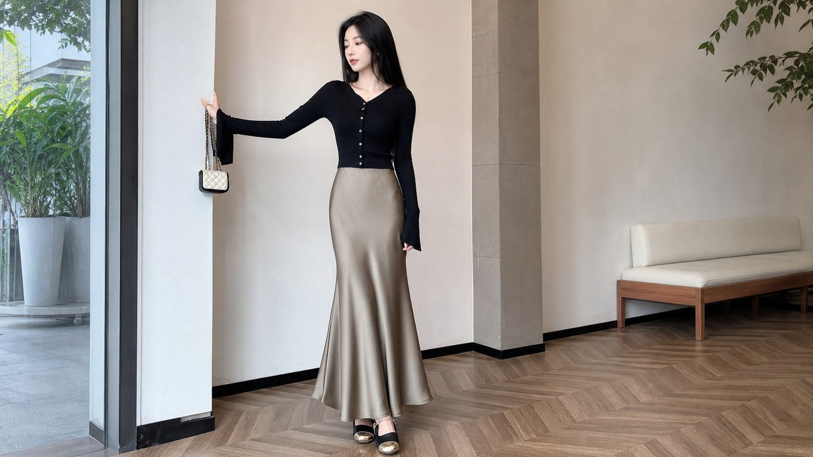 Áo len mỏng phối với chân váy đuôi cá