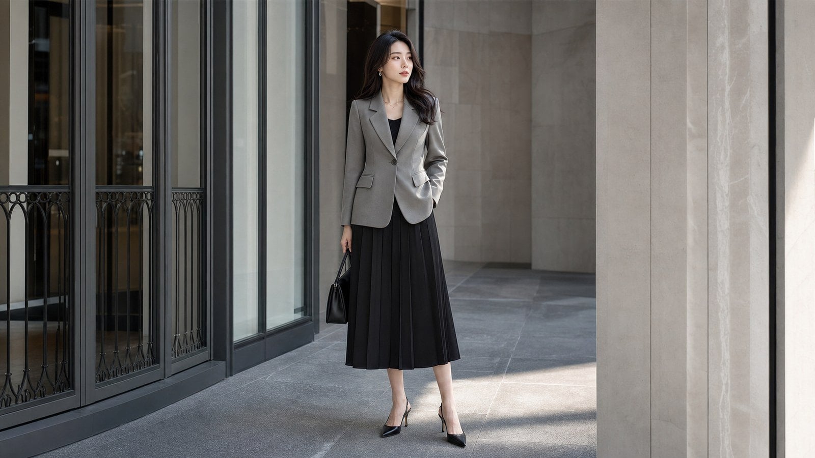 Blazer xanh nhạt phối chân váy trắng để outfit thanh và sắc hơn