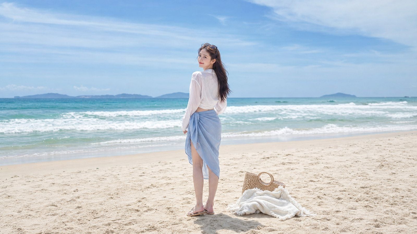 Quay lưng về phía biển rồi ngoái đầu lại để ảnh có chiều sâu hơn