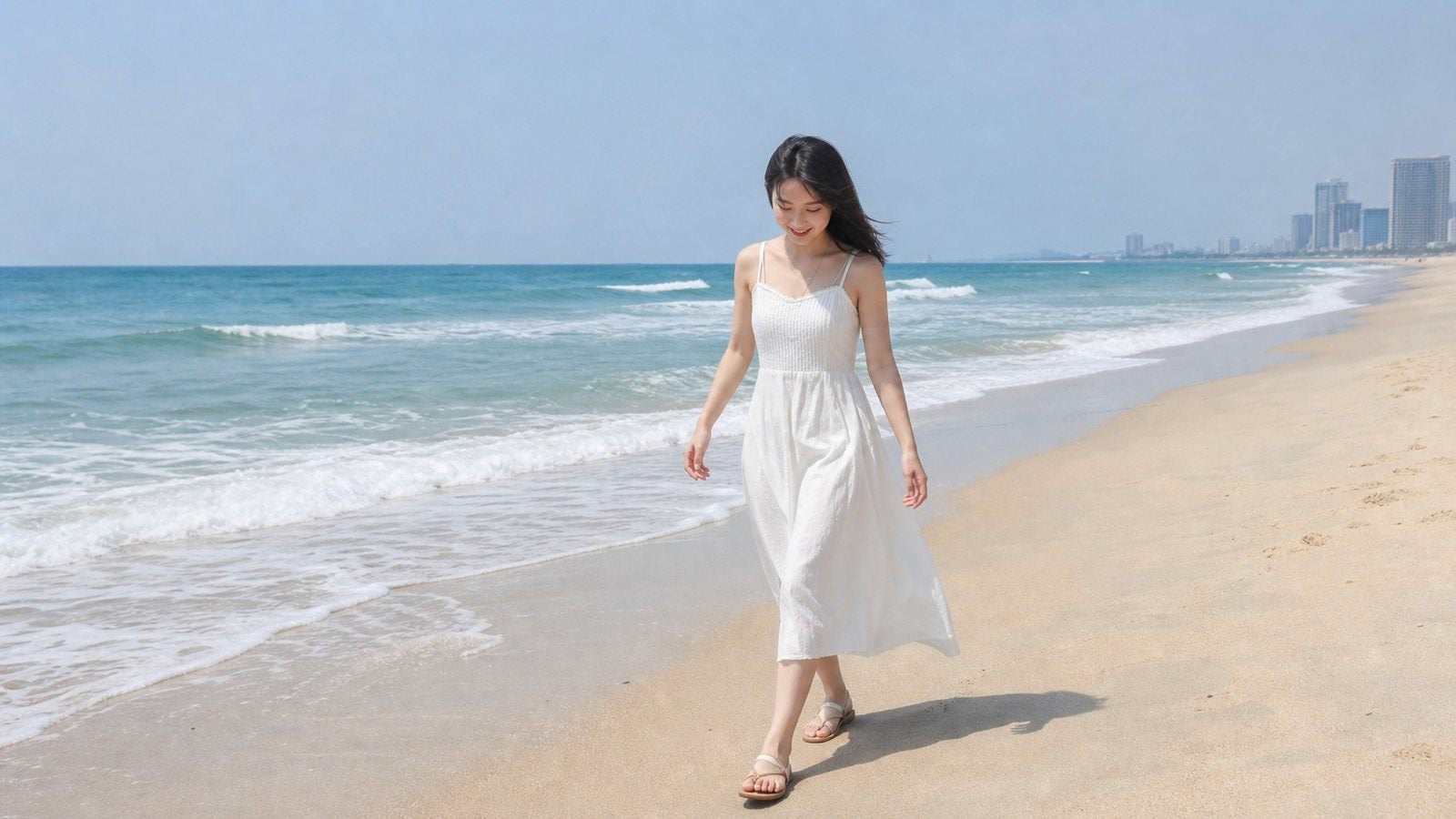 Đầm hai dây tối giản đi cùng sandal cho ngày ở Đà Nẵng