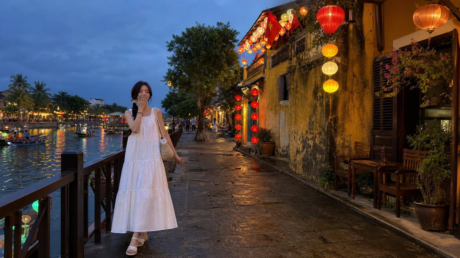 Màu trắng, kem, be và vàng nhạt rất ăn với nền phố cổ Hội An