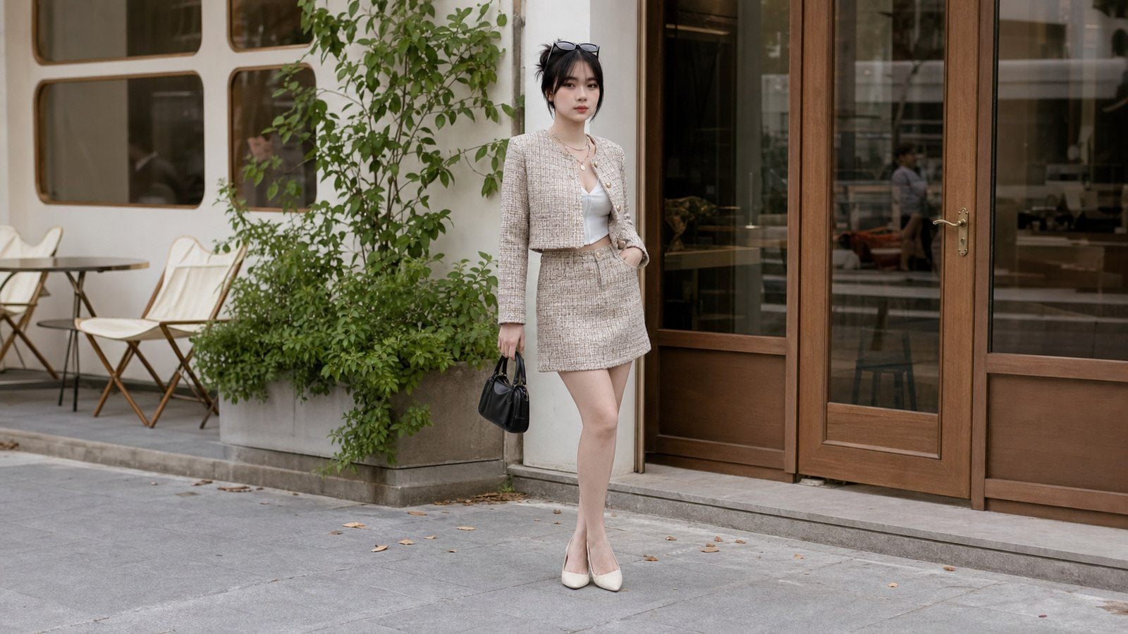 Áo khoác dạ tweed ngắn với set đồng bộ