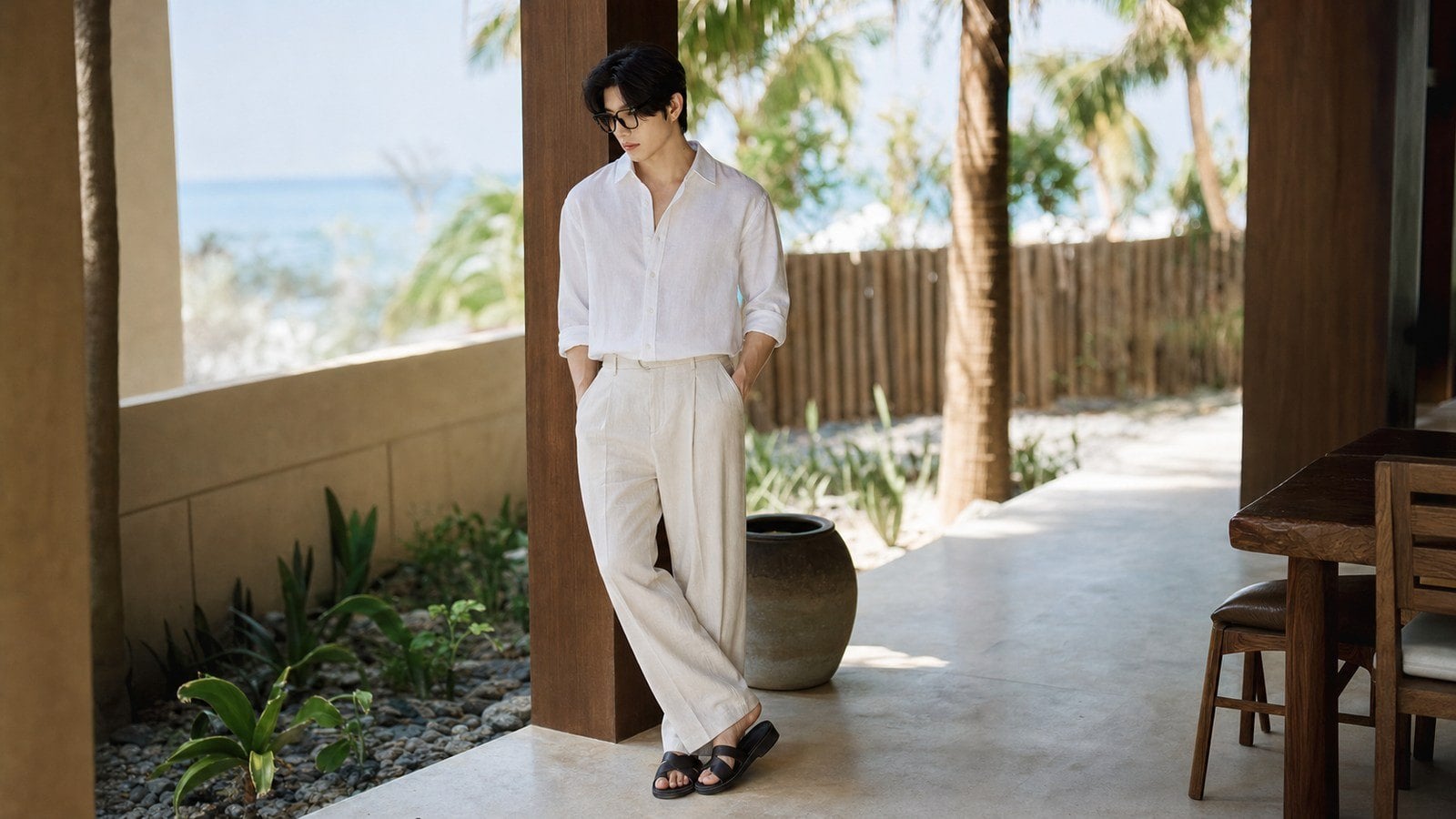 Sandal hoặc dép da cho outfit nghỉ dưỡng với áo sơ mi trắng nam