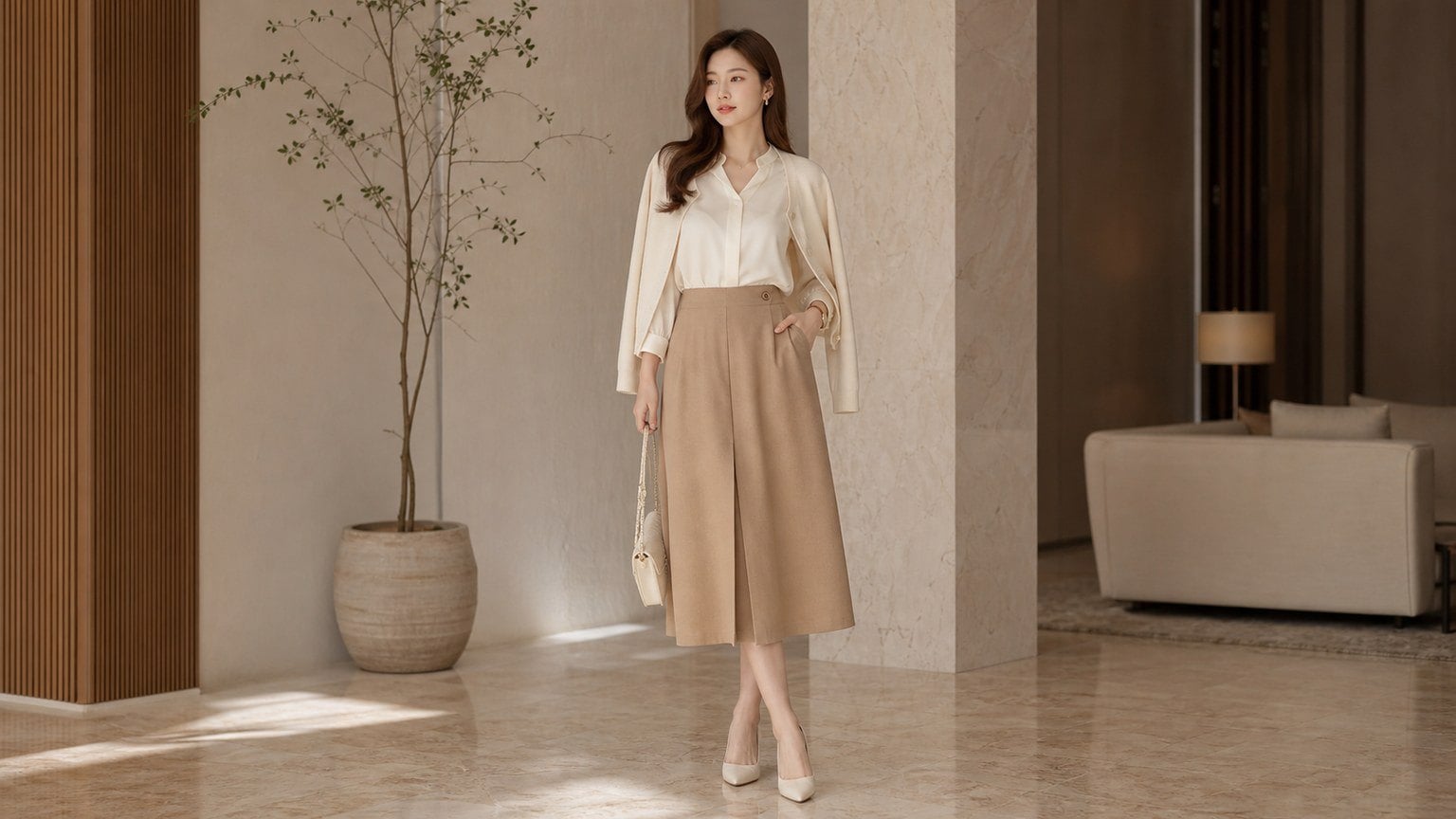 Cardigan kem phối váy nude hoặc champagne khi muốn mặc mềm hơn