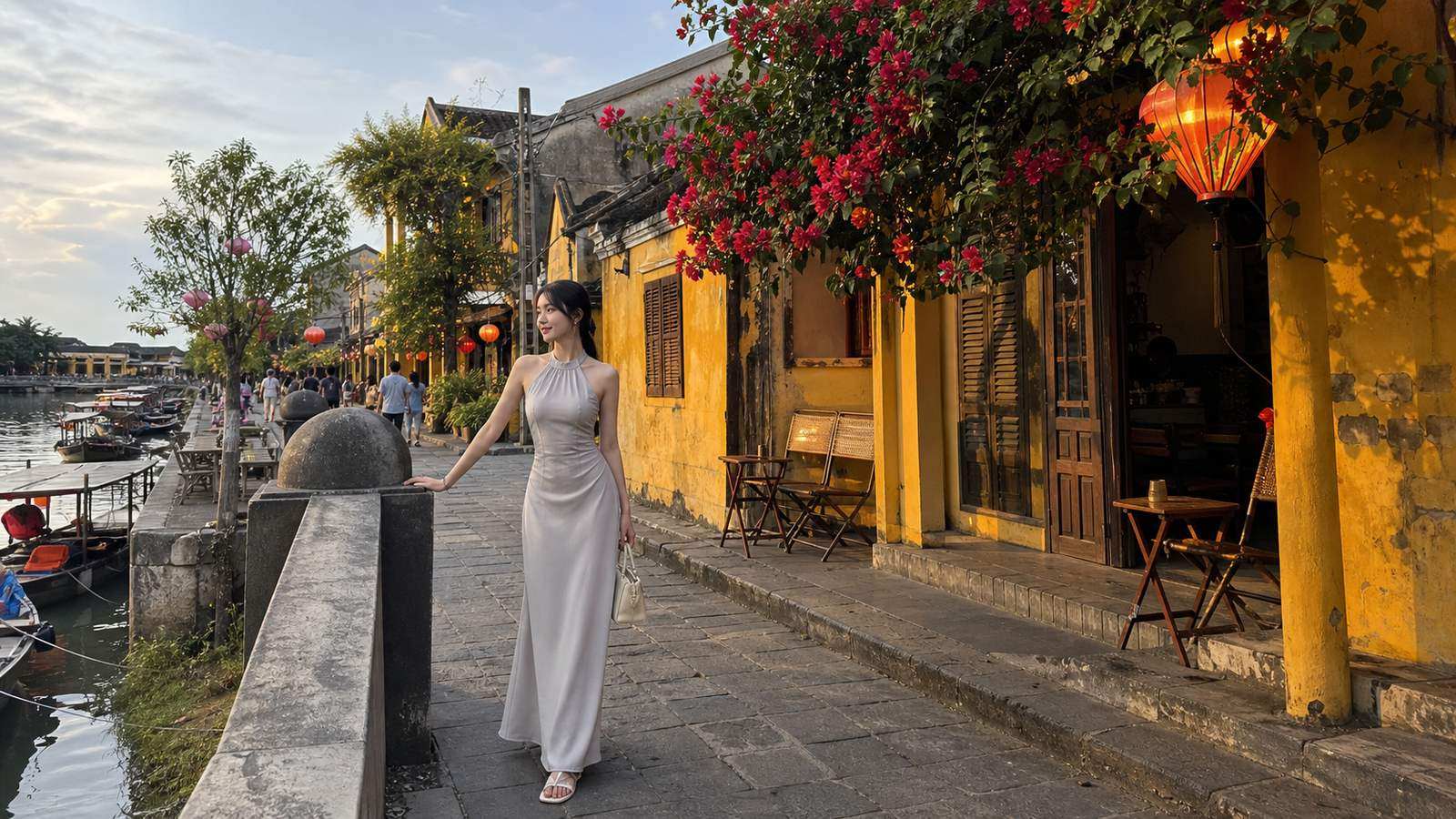 Áo sơ mi linen phối chân váy dài hợp nhịp phố cổ và bối cảnh cafe